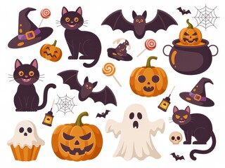 Explore a fun collection of Halloween themed illustrations featuring festive symbols