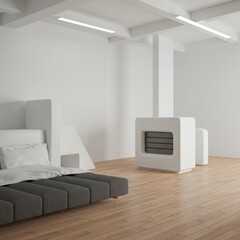 Modern minimalist bedroom interior with white walls wooden floor and a contemporary heating unit