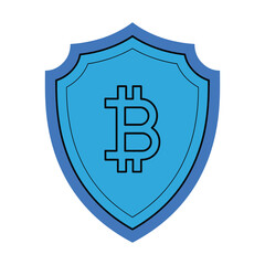 Bitcoin symbol inside a blue shield on a white background cryptocurrency digital currency.