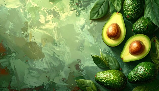 Fresh Avocados and Leaves on Green Textured Background.