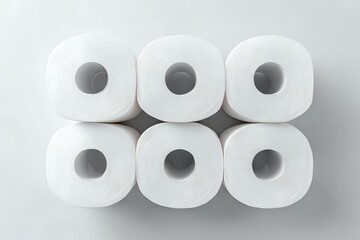 Six white toilet paper rolls arranged in neat rows on light background, top view. Clean minimalist composition showing essential household supplies.