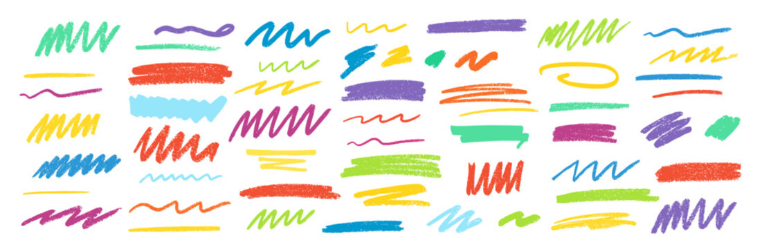 Brush and marker stroke set, underline and doodle lines with scribbles, crayons and chalk texture elements for graphic design on transparent background.
