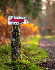 Wooden post with a weathered arrow sign pointing left, autumnal forest backdrop