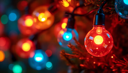 Colorful Christmas string lights, round bulb shapes, warm and cool illumination, festive holiday decoration with copy space