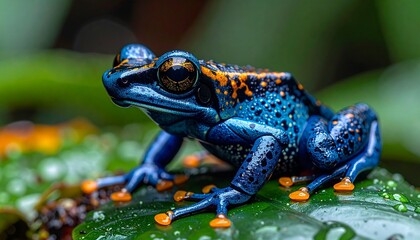 Obraz premium Vibrant Blue Poison Dart Frog on Leaf in Rainforest.