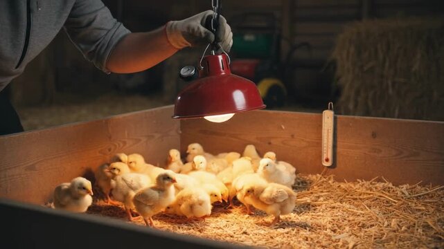 Medium shot capturing the adjustment process of a heat lamps height and angle to optimize warmth and comfort for young chicks during early development