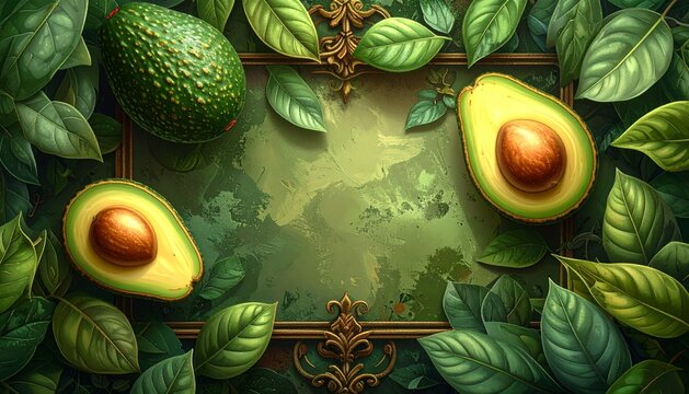 Lush Green Avocado Frame with Fresh Leaves and Whole Fruit.
