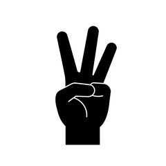 Obraz premium Black silhouette of a hand showing the number three with fingers extended against a white background.
