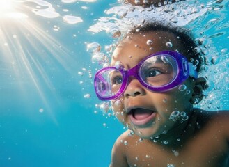 Happy Black Baby Swimming Underwater with Sunbeams from Above: Vacation and Infant Swimming Lessons Concept