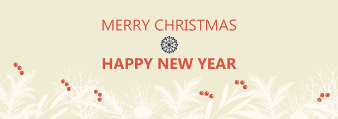 Elegant Merry Christmas and Happy New Year Banner with Berries and Snowflake