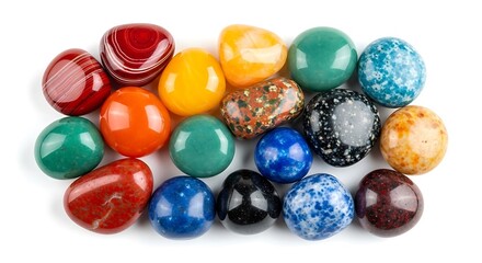 Collection of colorful polished stone eggs in various shapes and patterns isolated on white background