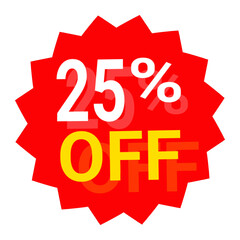 Red discount badge vector illustration with 25 percent off text for sale, special offer, retail promotion, shopping, marketing campaigns.