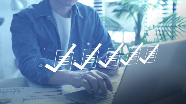 Concept of digital task management and online approval, with a professional completing a business checklist on a laptop.
