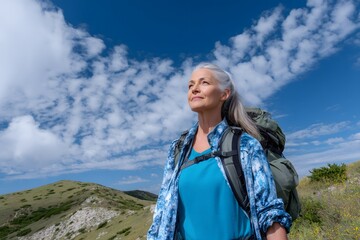 Mature Woman Hiking with Backpack on Mountain Trail