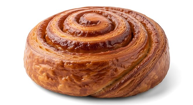 Deliciously baked cinnamon roll pastry with a golden brown swirl isolated on white background