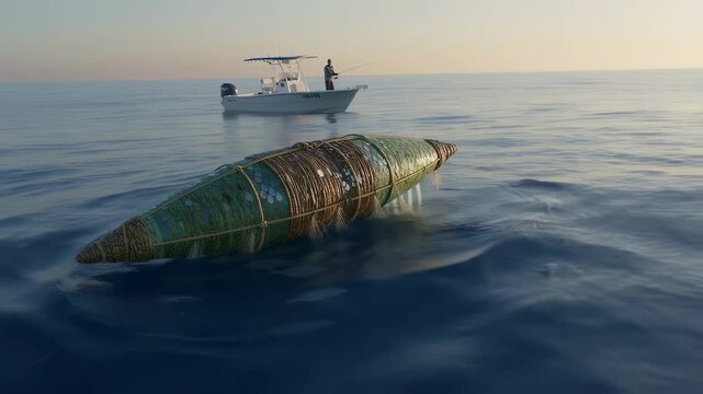 Close medium view of a petroleumfree floating fish attractor near a fishing boat highlighting its streamlined shape that efficiently lures fish.
