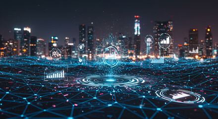 Futuristic Night City Skyline With Neon Grid Network And Digital Holographic Effects Over Waterfront Vista