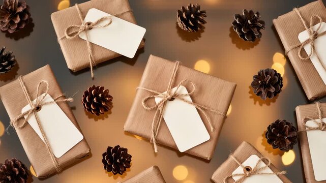 Eco-style Christmas presents in brown paper tied with string and blank gift tags, placed among pine cones on a glowing surface. Warm holiday mood. Rustic and minimal.