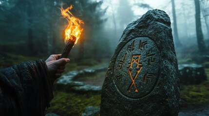 A druid holding a torch in front of an ancient rune stone in a misty forest, mysterious pagan spirituality and ritual art