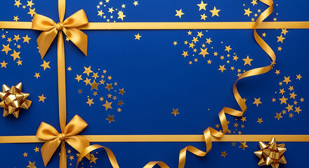 Golden bows and ribbons on blue, festive background, luxury holiday decoration with copy space