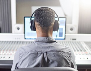 A man wearing headphones sits in front of a professional audio mixing board and computer screen in a recording studio.