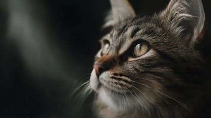 Close up portrait of a tabby cat with intense focused gaze looking upwards against a dark moody background