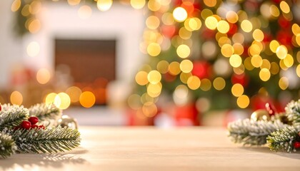 Festive blurred Christmas scene with decorated tree and fireplace. Defocused Christmas background.