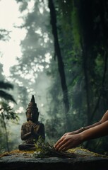 Offering herbs with your hands in front of the Buddha statue in the forest, Buddhist ritual and meditation practice