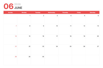 Calendar 2026. Calendar week 2026 starts on Sunday. Corporate minimalist clean calendar for June 2026