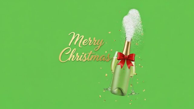 Festive Bubbles: A celebratory champagne bottle explodes with joy, adorned with a festive bow and the warm wishes of Merry Christmas &ndash; the perfect image of holiday cheer.