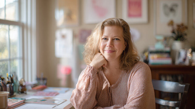 A warm, authentic portrait of a smiling woman with blonde, curly hair, sitting at her bright, sunlit home office desk. Conveys a feeling of confidence, creativity, entrepreneurship, professional life