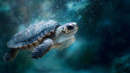 Obraz premium A sea turtle swims gracefully underwater with light rays and shimmering bubbles