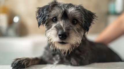 A wet small dog with shaggy fur looks into the while being bathed in a bathtub