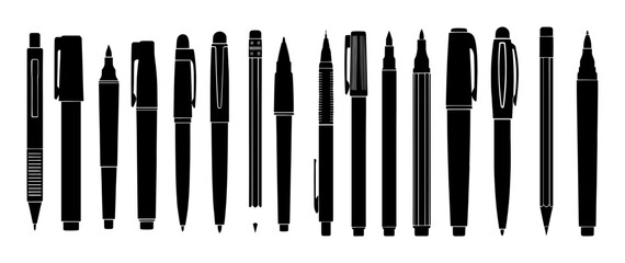 Vector art of collection of various pen and marker silhouettes for creative projects