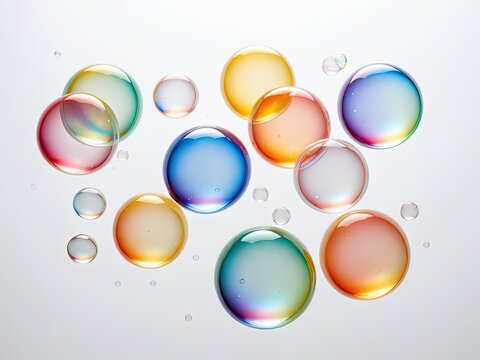 Colorful, iridescent bubbles float against a white background, creating a playful scene