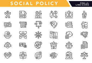 Social issues linear icon set. Education, policy, welfare, healthcare, insurance, reform, politics, world, community, money, vector line icons pack. Editable stroke