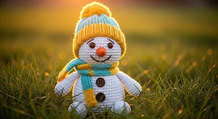 Adorable knitted snowman wearing a warm winter hat and scarf on a dewy meadow at sunrise
