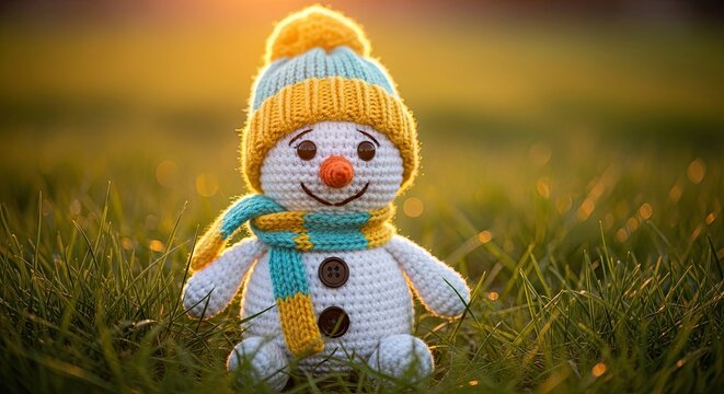 Adorable knitted snowman wearing a warm winter hat and scarf on a dewy meadow at sunrise