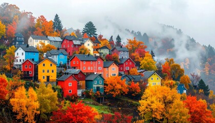 Naklejka premium Vibrant Colorful Houses Nestled on a Hillside Amidst Autumn Foliage in Norway.