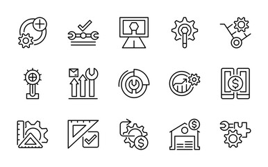 Fototapeta premium Workshop and tools linear icon set. Repair, equipment, professional, service, technician, teamwork, engineer, outline UI icon pack
