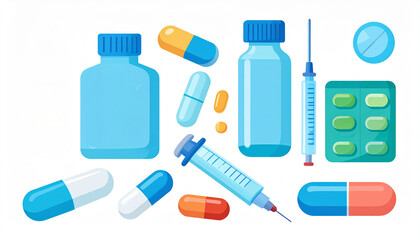 set of pills and thermometer, medical pills bottle and capsules.