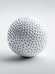 A pristine white golf ball with dimples, a studio shot with soft shadows, on a white surface