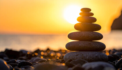zen stones on the beach during beautiful  sunset 