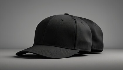 Fototapeta premium Two black baseball caps with shadows on gray background