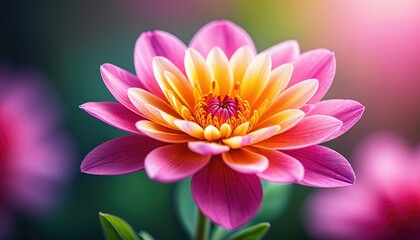 Pink and orange dahlia with delicate petals. Bokeh blurred background