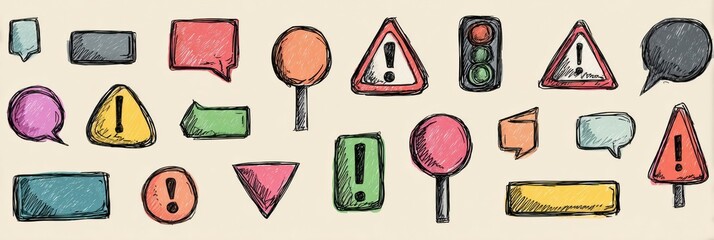 Colorful Sketches of Traffic Signs, Speech Bubbles, and Warning Symbols on Light Background Showcasing Various Communication and Safety Elements