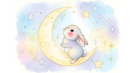 Obraz premium Cute Bunny on Crescent Moon – Pastel Watercolor Dream