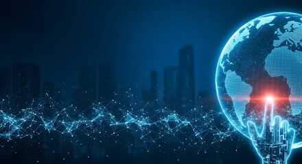 Glowing Network and Holographic Globe Interface with Cityscape Hand, Illuminating the Technological Future with Interconnected Data.