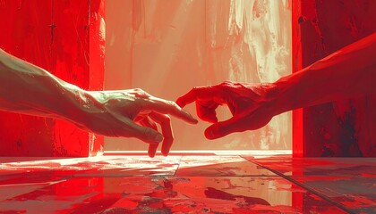 Two hands reaching, vibrant red, and glowing light