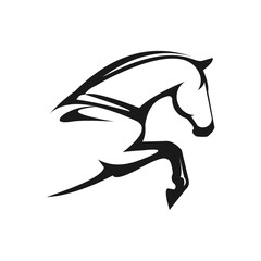 Dynamic black and white stylized horse jumping concept for emblem or modern logo design, a powerful equestrian vector illustration capturing motion and grace